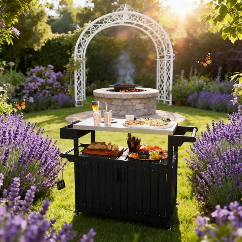 GDFStudio - Cedar Outdoor Wheeled Bar Cart with Heavy Duty Stainless Steel Top and Multi Storage - 45.7"