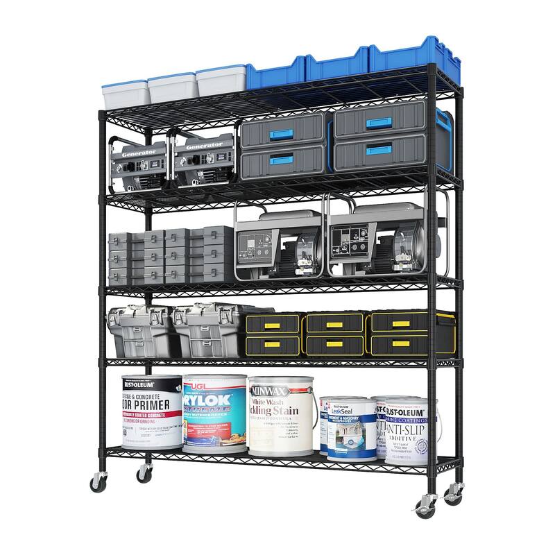 5-Tier Black Steel Wire Adjustable Height Storage Shelves Rack for Tools and Equipment - 59.06” x 17.72” x 74.02" (L x W x H)