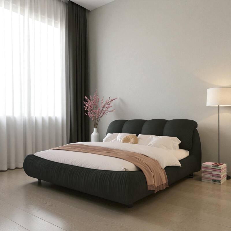 Queen/King Size Luxury Upholstered Platform Bed with Oversized Padded Headboard, Solid Wood Frame & Adjustable Mattress Height