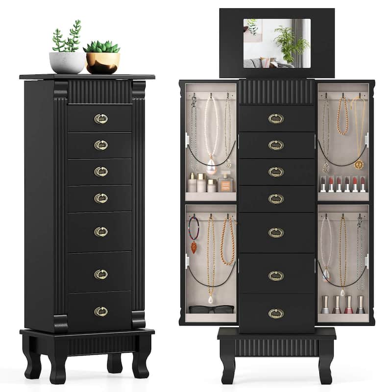 Costway Jewelry Cabinet Armoire Box Storage Chest Stand Organizer Wood - See Details - Black