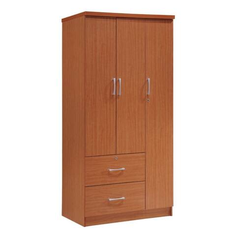 Hodedah Import 3 Door Armoire with Clothing Rod, Shelves, and 2 Drawers, Cherry