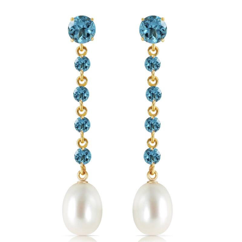 14K Solid Gold Chandelier Blue Topaz & Pearl Gemstone Earrings