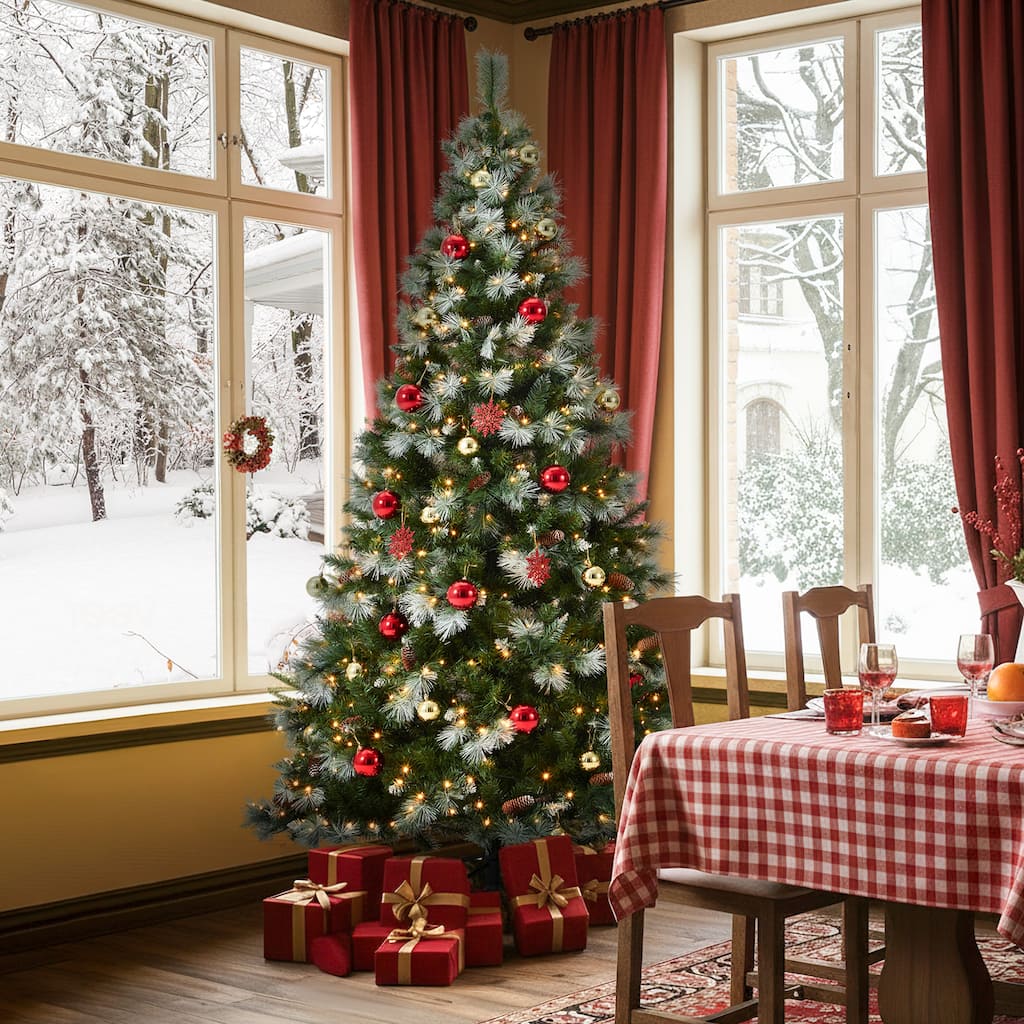 EROMMY 7.5ft Pre-lit Christmas Tree with 500 Lights, Snow-Flocked Artificial Tree with Pine Cones and Ornaments