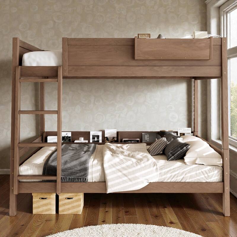 Wooden Bunk Bed Frame with Built-In Storage Shelves, Convertible to Two Beds, No Box Spring Needed - Wood - Queen