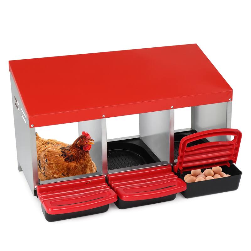 3 Compartment Chicken Egg Nesting Box with Roll Out Plastic Baskets for Hens - Red