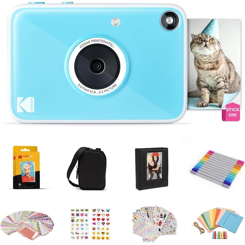 KODAK Printomatic+ Instant Camera Gift Bundle w/Case, Zink Paper & More - Blue