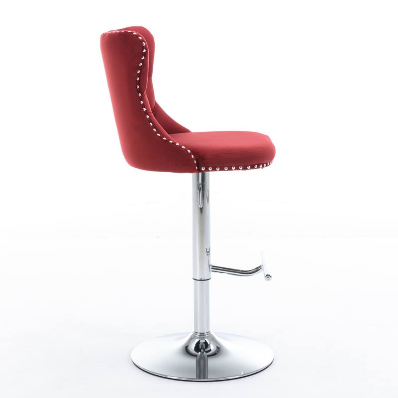 Set of 2 Swivel Velvet Bar Stools with Chrome Base & Tufted Back, Adjustable Height 25-33" - Wine Red Burgundy