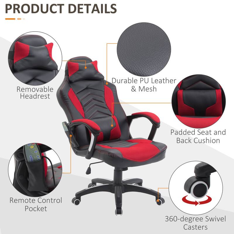 Faux Leather Gaming Chair with 6-Point Massage, Heating and 135° Recline
