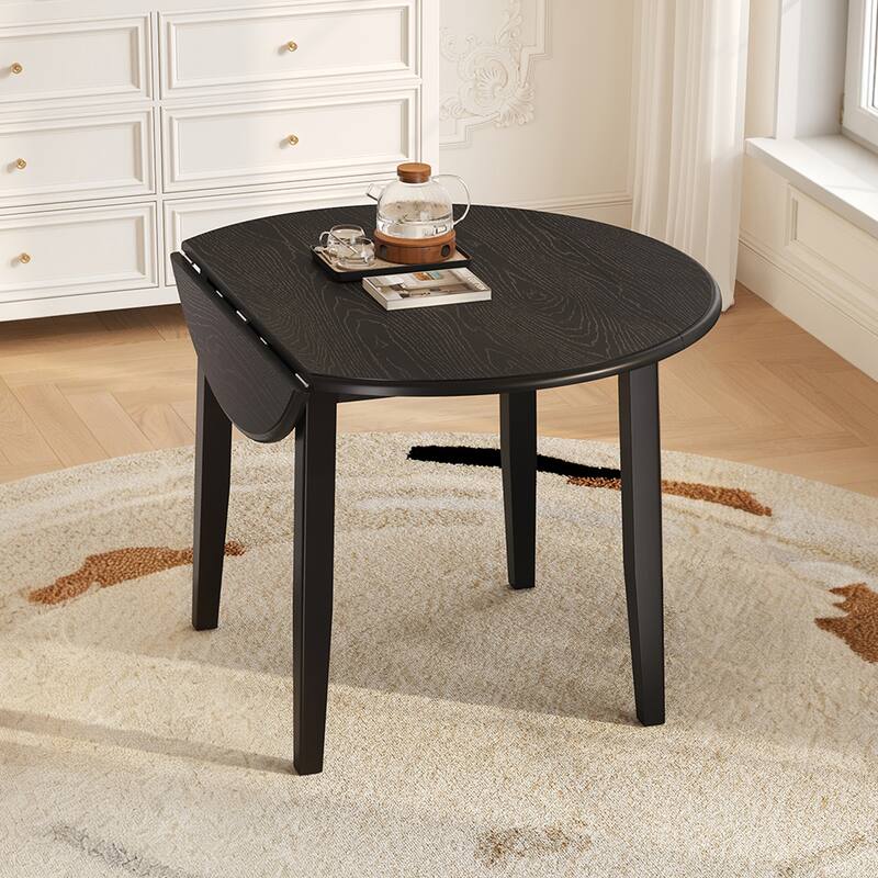 Extendable Round Wood Dining Table with Folding Leaf for Small Spaces - Black