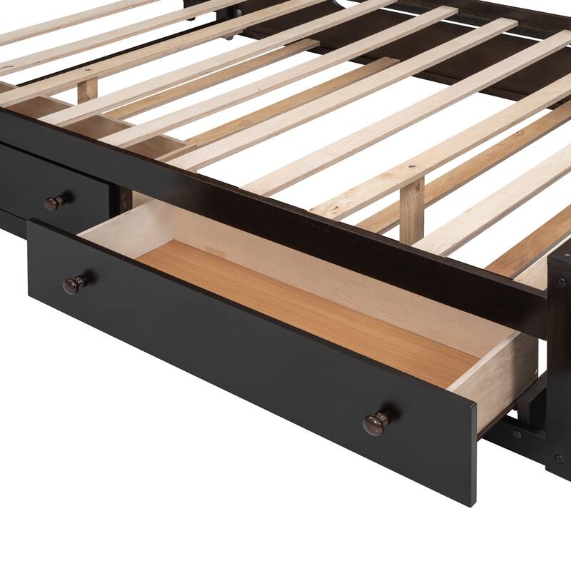 Solid Wood Storage Bed Frame with Twin Size Trundle & 2 Drawers, Wooden Platform Bed All-in-One Panel Bed Set with Cabinets