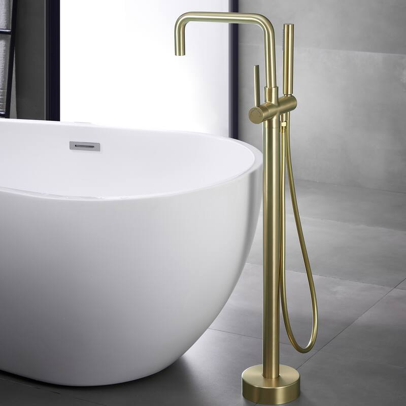 Freestanding Tub Faucets, Shower Mixer Taps, Floor Mounted Tub Filler With Handheld Shower - Brushed Gold