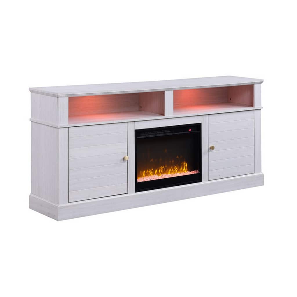 Cier 70 Inch TV Console with LED Fireplace Heater, Plinth Base, White, Gold