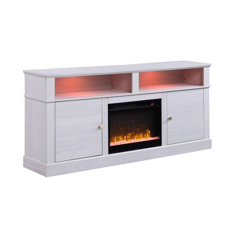 Cier 70 Inch TV Console with LED Fireplace Heater, Plinth Base, White, Gold
