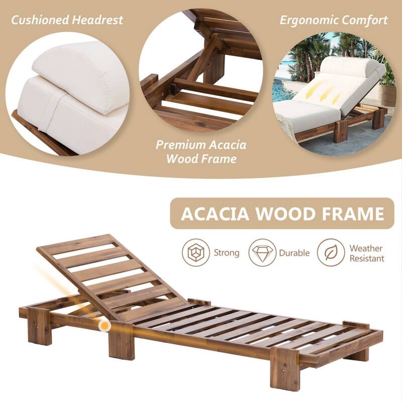 78.8'' Acacia Wood Outdoor Chaise Lounge Adjustable Recliner with Headrest & Retractable Side Tray - N/A
