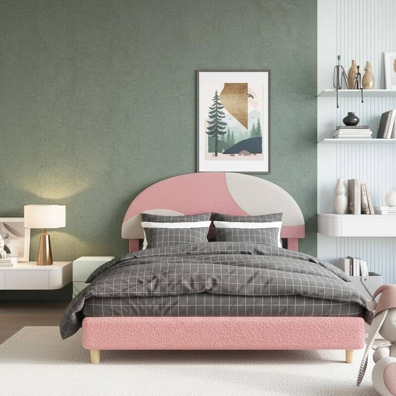 Twin Bed Frame, with Wooden Slats and Round Boucle Headboard - Pink and Beige - Full
