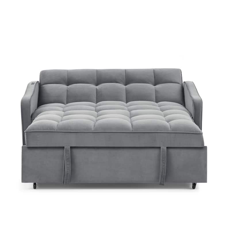 53" Foam Adjustable Loveseat Sofa Bed with Pull-Out Bed, USB/Type-C Charging, Copper Nail Trim, and Arm Storage Pockets