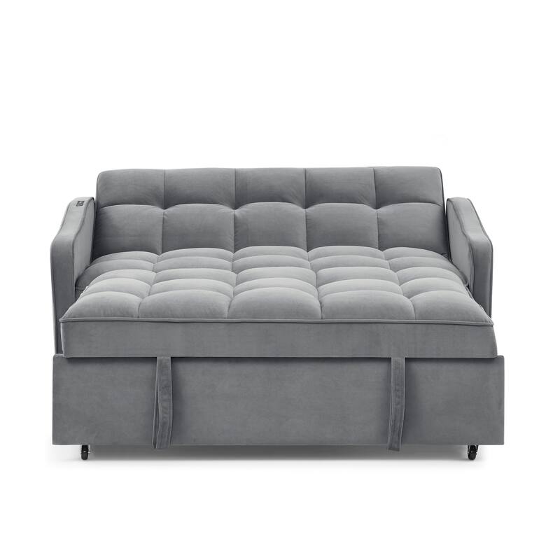 Velvet Sofa Bed with Pull-Out Sleeper and USB Charging Ports for Living Room or Guest Room