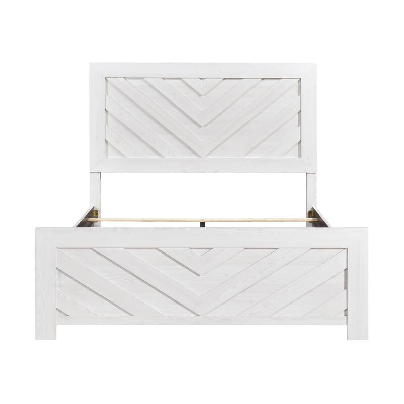 Modern White Queen Size Panel Bed with V-Pattern Design, Ships in One Box