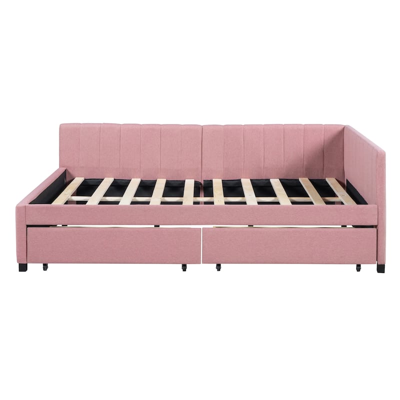 Full Size Upholstered Daybed with Storage Drawers, Linen Fabric, Pink