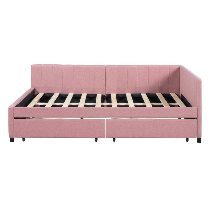 L-Shaped Backrest Daybed Upholstered Daybed Frame Classic Wood Slats Design with 2 Storage Drawers or Trundle, Full Size
