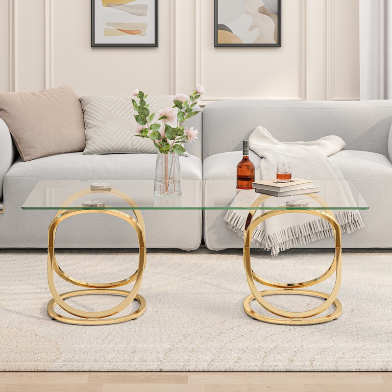 31.50"Modern Rectangle Glass Coffee Table with Ring-Shaped Frames, Chrome Finish and Gray Tempered Glass - Gold