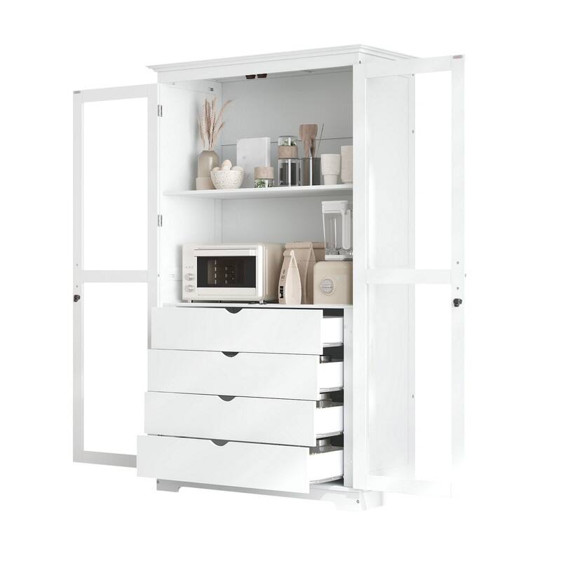 75" Tall Pine Wood Kitchen Pantry Cabinet with Glass Doors Four Drawers and Anti-Tipping Safety Features