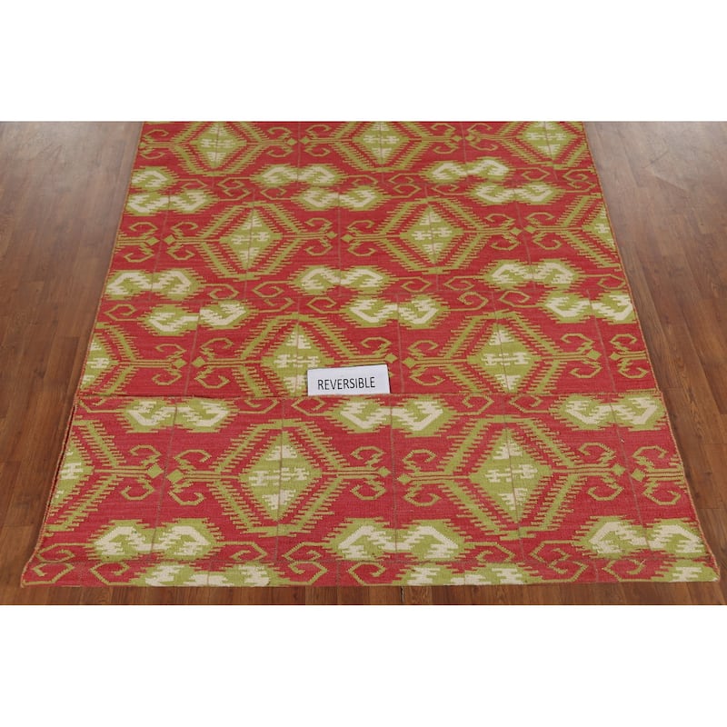 Geometric Kilim Oriental Area Rug Flatweave Pink Wool Carpet - 5'11"x 8'10"