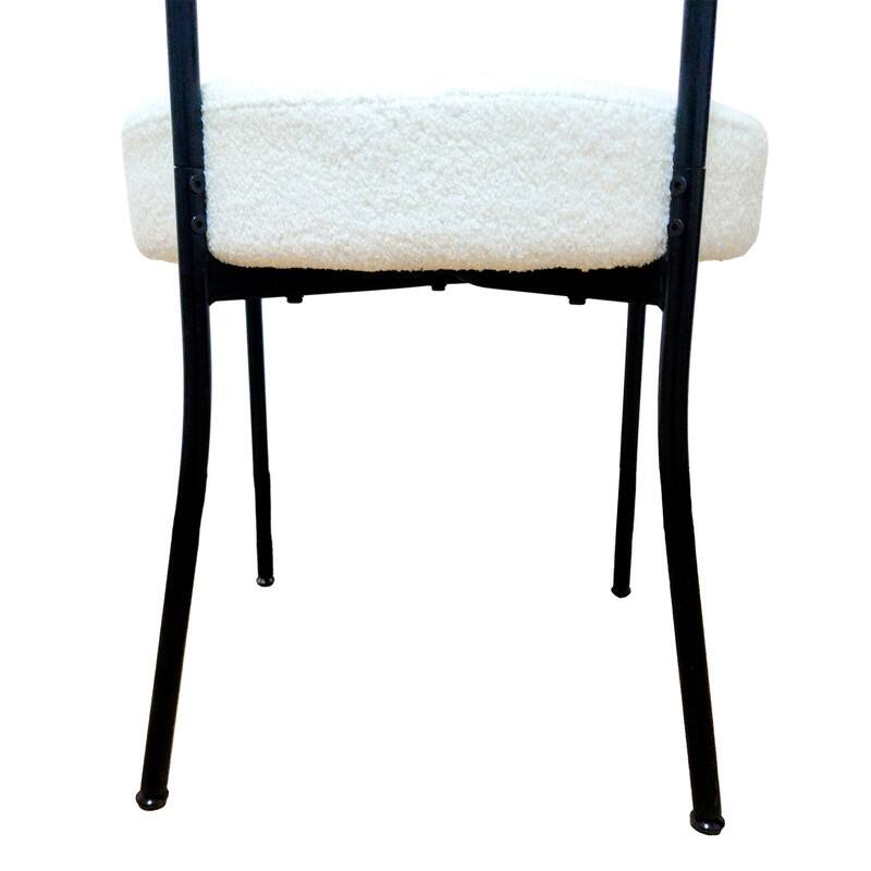 Mid-Century Modern Boucle Dining Chair - White Upholstered Curved Backrest with Black Metal Legs