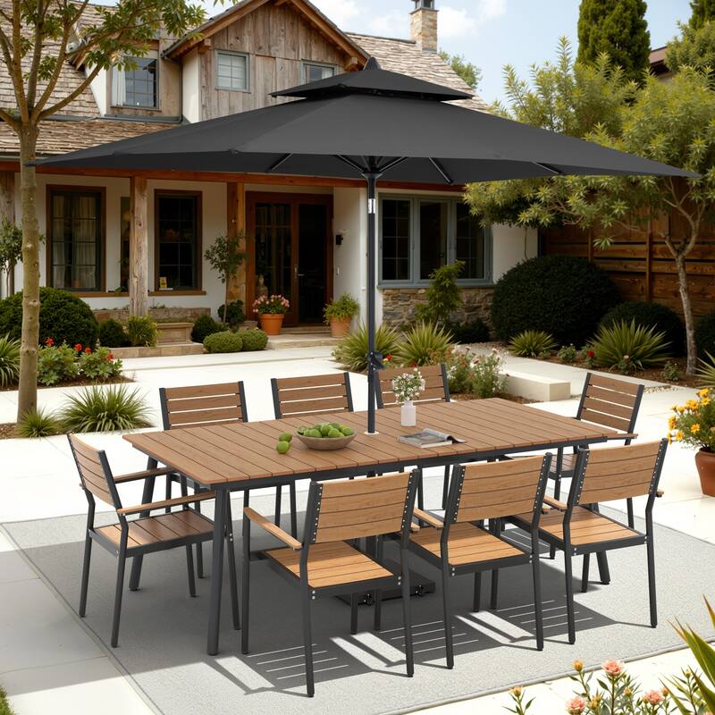 11-Piece Outdoor Dining Set 8 Stackable Chairs and Aluminum Table w/ 10 ft Umbrella and Base Stand - Brown Table with Black Umbrella