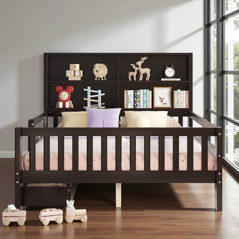 Twin/Full Solid Wood Platform Bed with Chalkboard Headboard, Storage Drawers and Shelves, Space-Saving Kids Bed