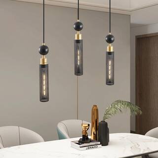 3-Light Modern Black and Gold Pendant Chandelier, Adjustable Hanging Lights with Mesh Cylindrical Shades
