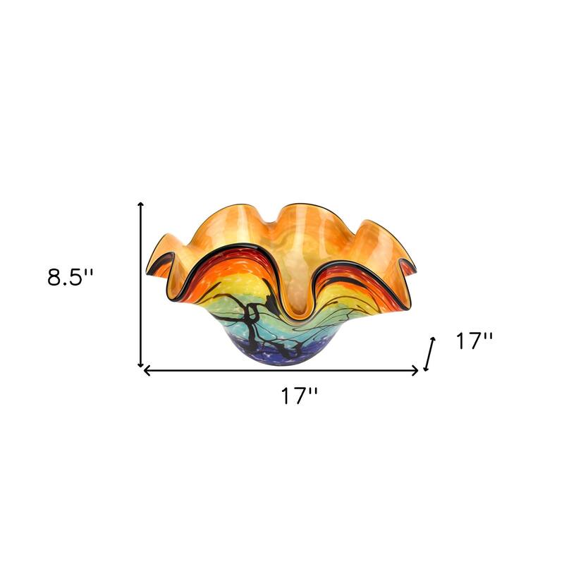 HomeRoots 17" Red Yellow and Green Wavy Glass Centerpiece Bowl