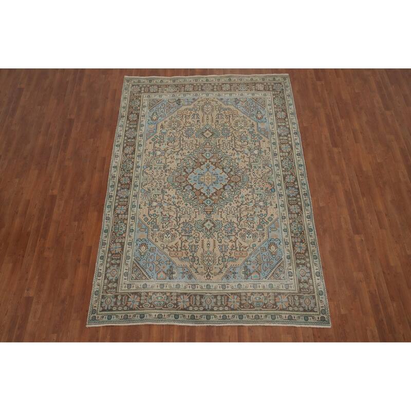 Hand Knotted Oriental 100% Wool Carpet Traditional Floral Peach Tabriz Area Rug - 9' 5'' X 6' 4''
