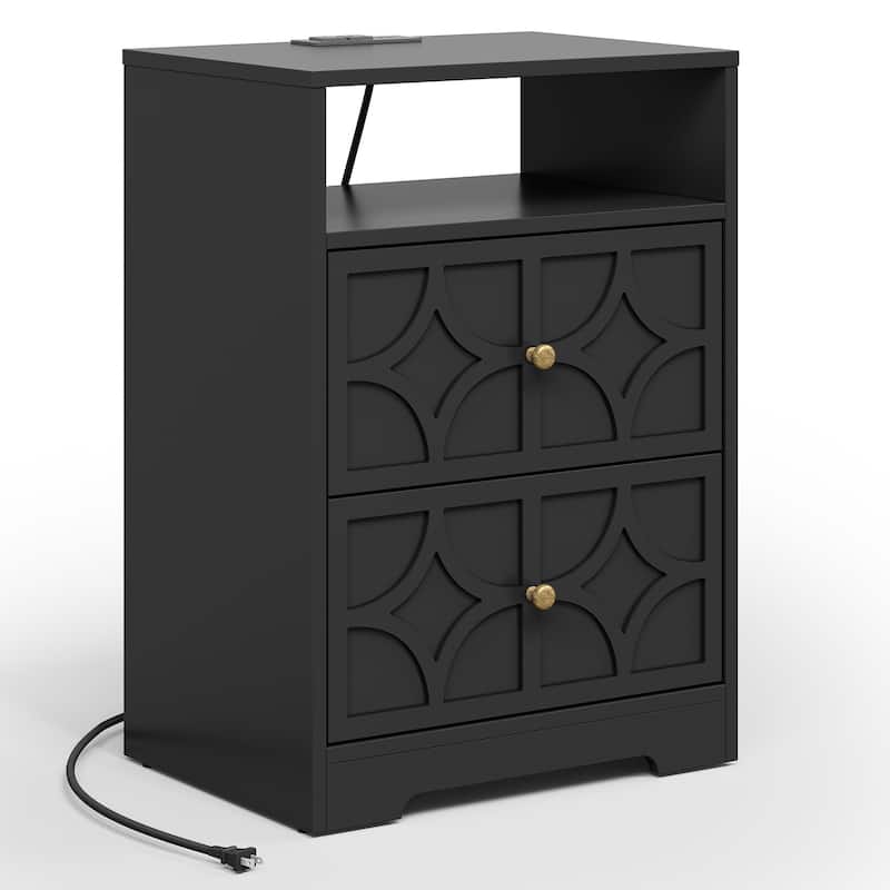 Large Night Stand with 2 Drawers and Charging Station