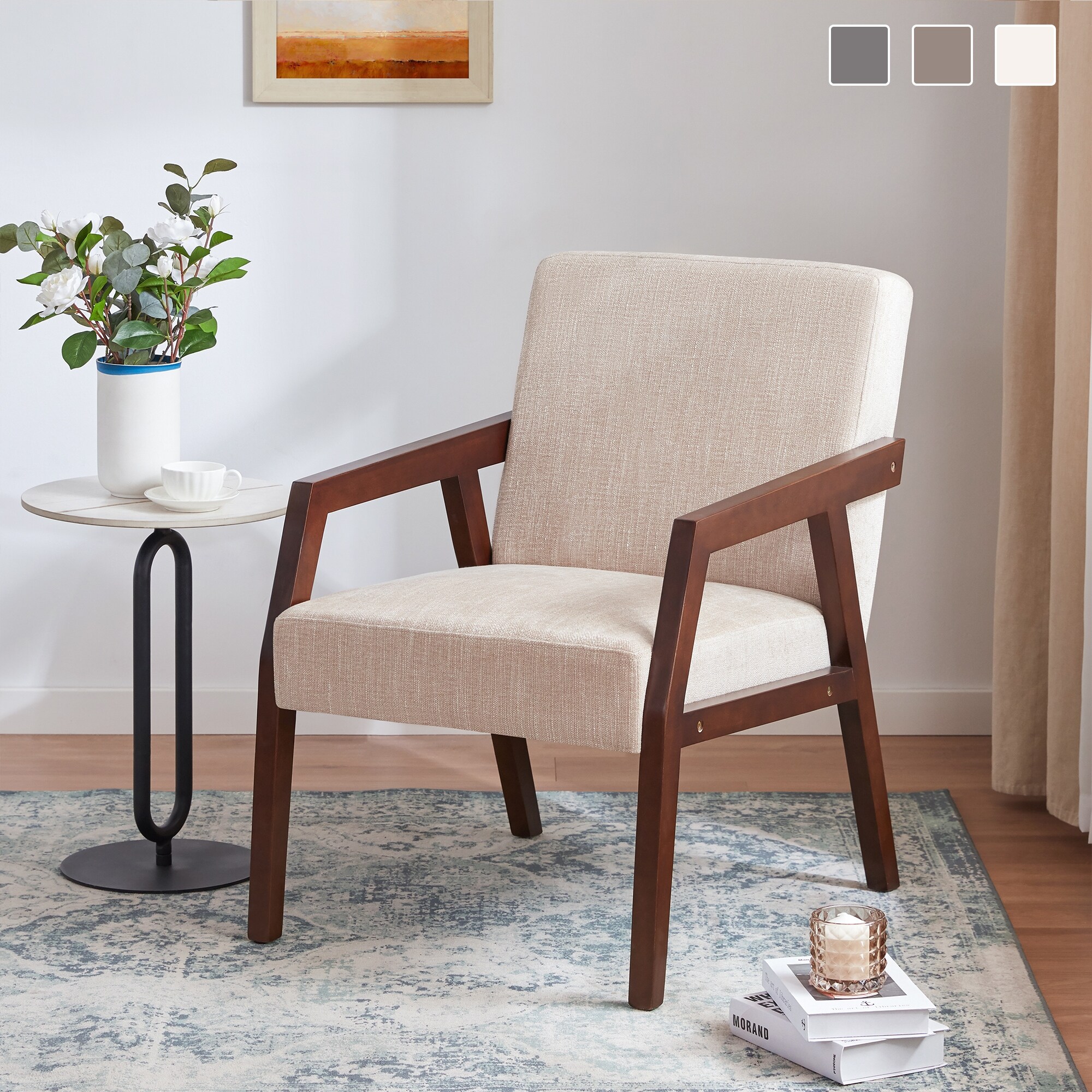 HUIMO Accent Armchair Solid Wooden Brownness/ White/ Blue Upholstered Mid-Century Modern Accent Chair for Living Room, Bedroom