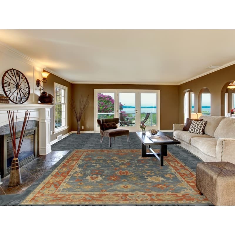Hand Knotted Oriental 100% Wool Carpet Transitional All-Over Navy Blue & Blues Oushak Area Rug - 10' 8'' X 8' 0''