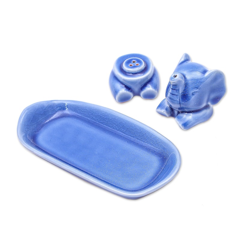 Novica Handmade Magic Elephant In Blue Salt And Pepper Set (3 Pieces)