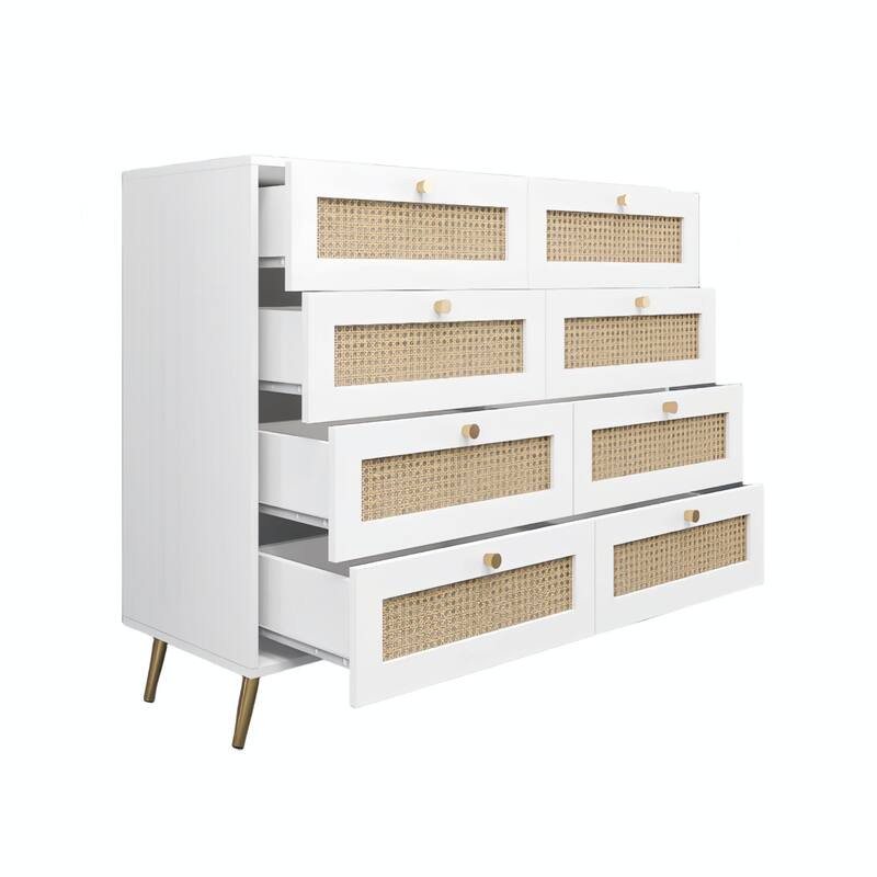 8-Drawer Chest of Drawers with Rattan Drawer Fronts, Golden Legs, and Handles