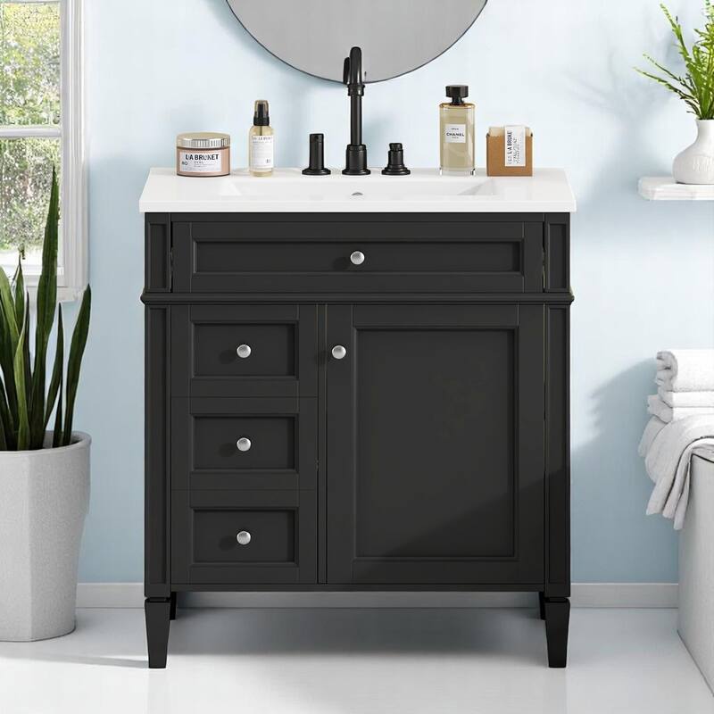 Modern 30 Inch Bathroom Vanity with Top Sink, Soft-Close Doors, Hidden Storage, and Drawer Organizer - Black