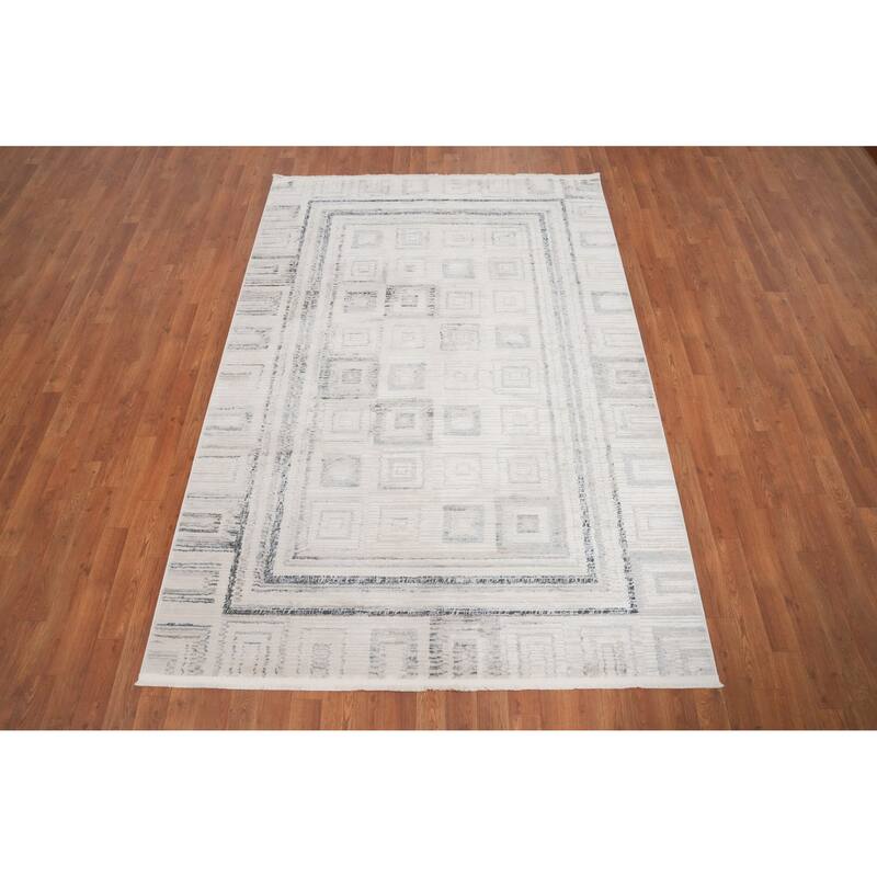Machine Made Oriental Polyester Carpet Modern Beige & Ivories Distressed Area Rug - 7' 5'' X 5' 2''