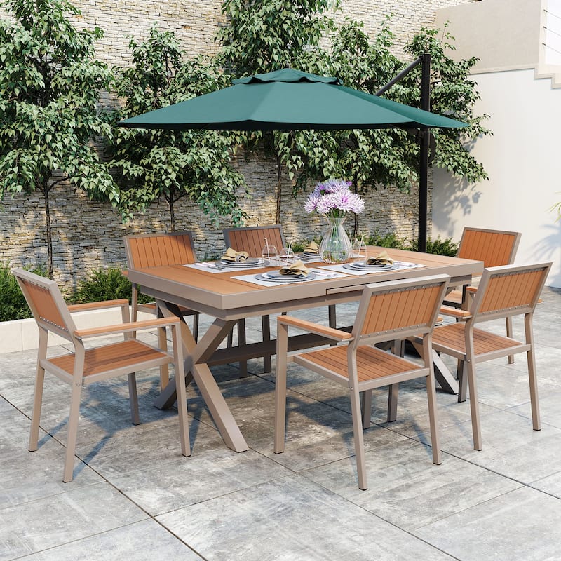 Outdoor Plastic Wood Chairs Set with Six Chairs and a Table (Set of 7) - Camel