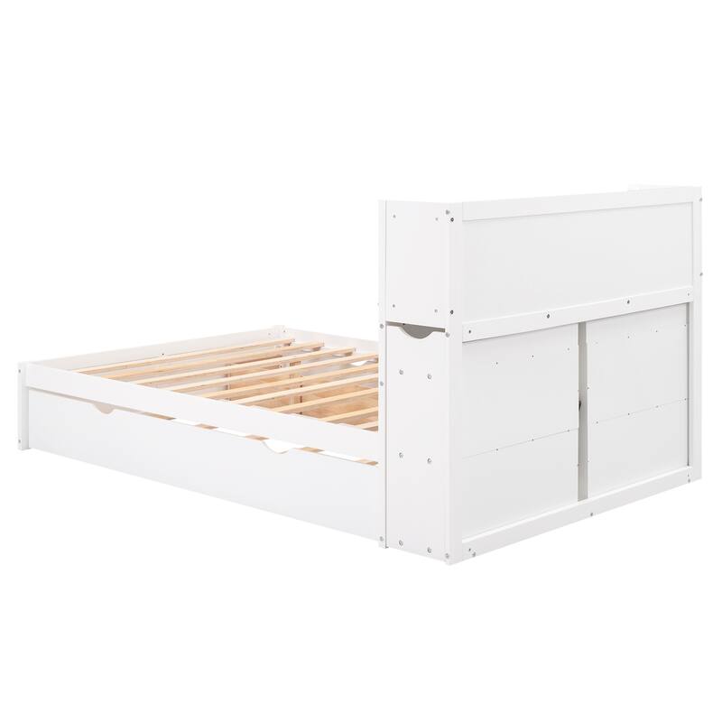 Full Size Storage Platform Bed with Pull Out Shelves, Twin Trundle, and 2 Drawers in White