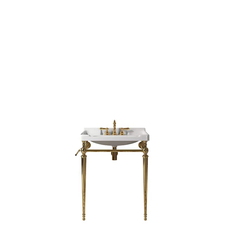 28" Bathroom Console Sink, Wall-Mounted White Ceramic Vanity Basin with 3 Pre-drilled Faucet Holes with Towel Bar