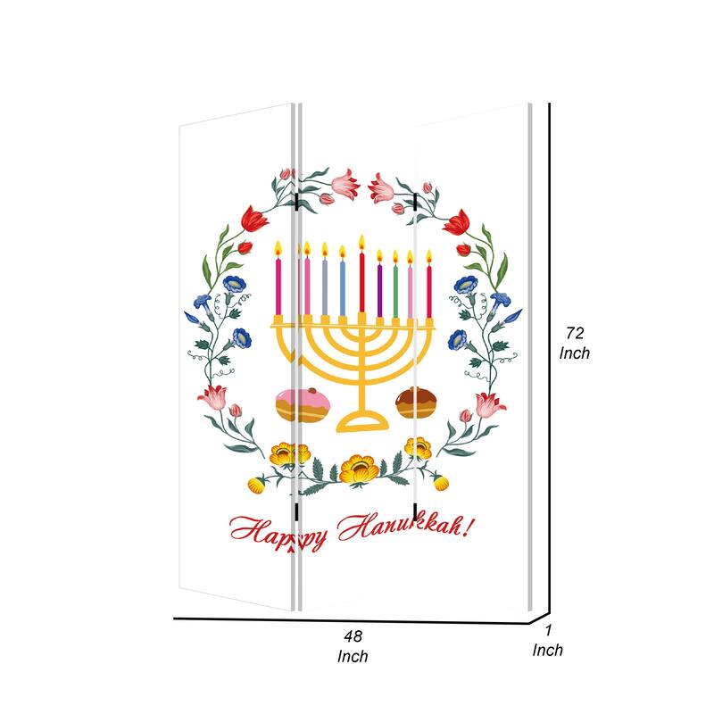 72 Inch 3 Panel Canvas Foldable Room Divider, Hanukkah Symbol, Multicolor