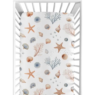 Sweet Jojo Designs Ocean Seashells Boy Girl Gender Neutral Unisex Fitted Crib Sheet Orange Blue Beige Nautical Beach Watercolor