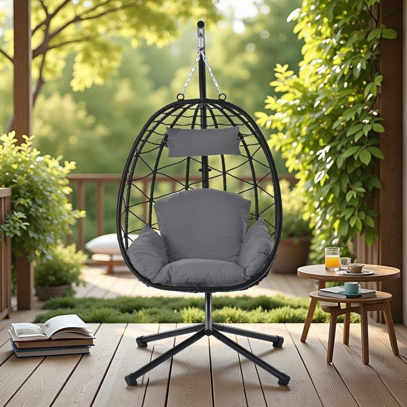 Rattan Metal Hanging Chair with Stand and 350lb Capacity, Includes Waterproof Cushion - Dark Gray