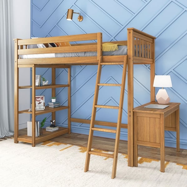 slide 2 of 12, Max and Lily Twin High Loft Bed with Bookcase and Desk Pecan - Twin