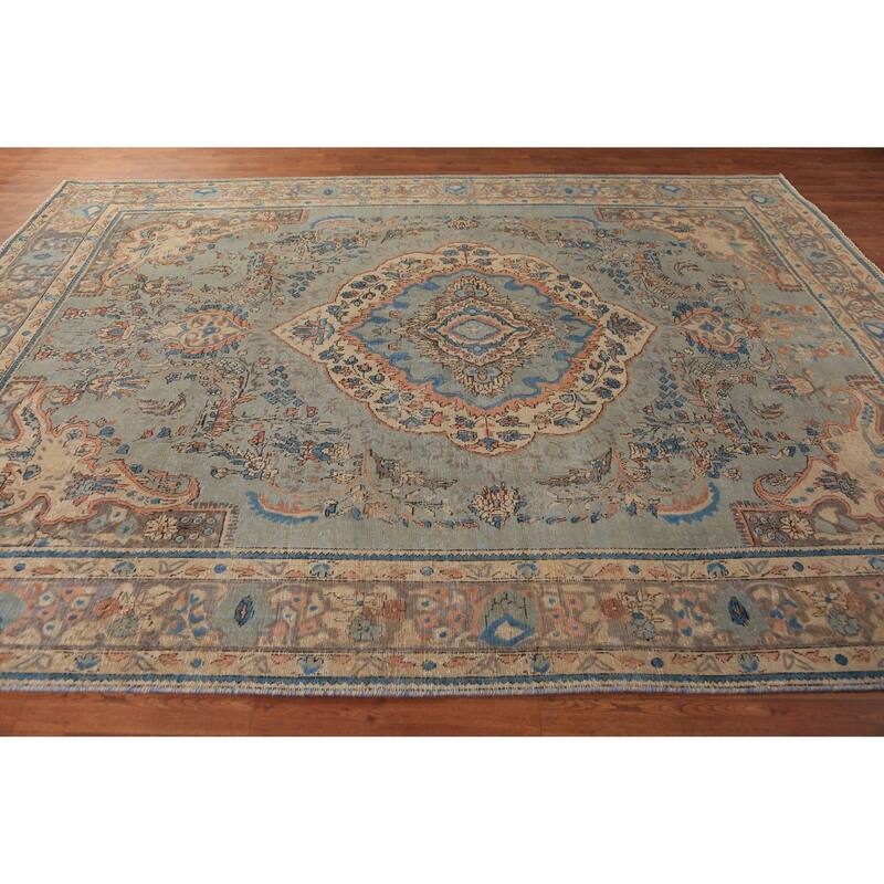 Distressed Blue Tabriz Persian Area Rug Hand-Knotted Wool Carpet - 8'1"x 11'0"