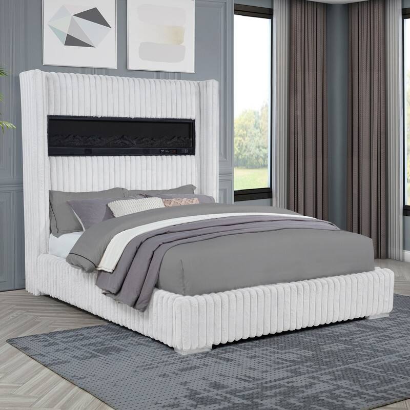 Best Master Furniture Noemie Luxe Modern Upholstered Velvet Panel Bed with Integrated Fireplace Display - Cream - Queen