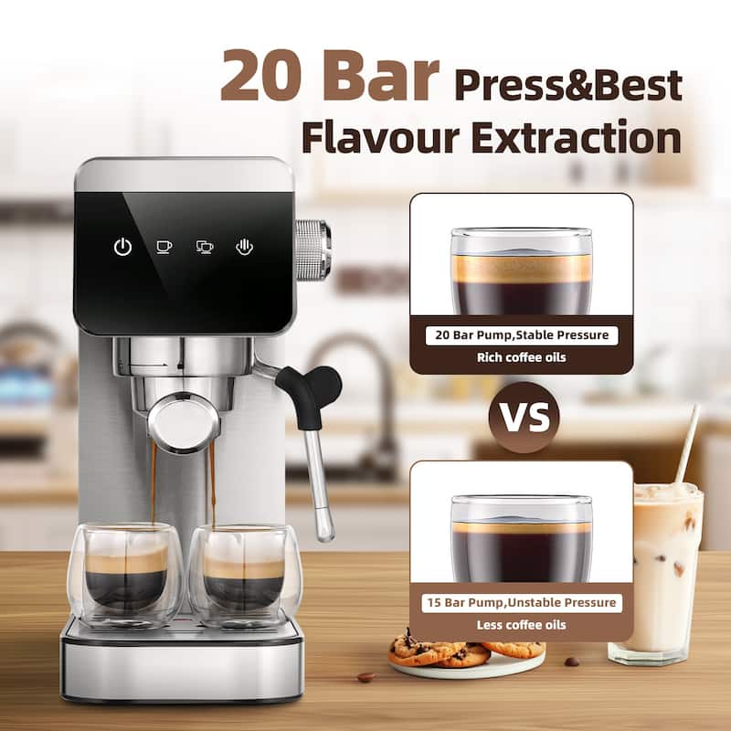 AMZCHEF 20 Bar Espresso Machine, 1350W Compact Stainless Steel Coffee Maker with LED Touch Screen - 13"D x 6.5"W x 12"H